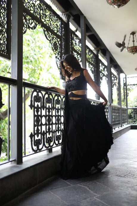 Arundhati in Raven Black Ruffle Lehenga Set