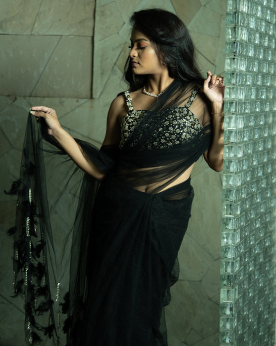 Raven Black Tulle Saree