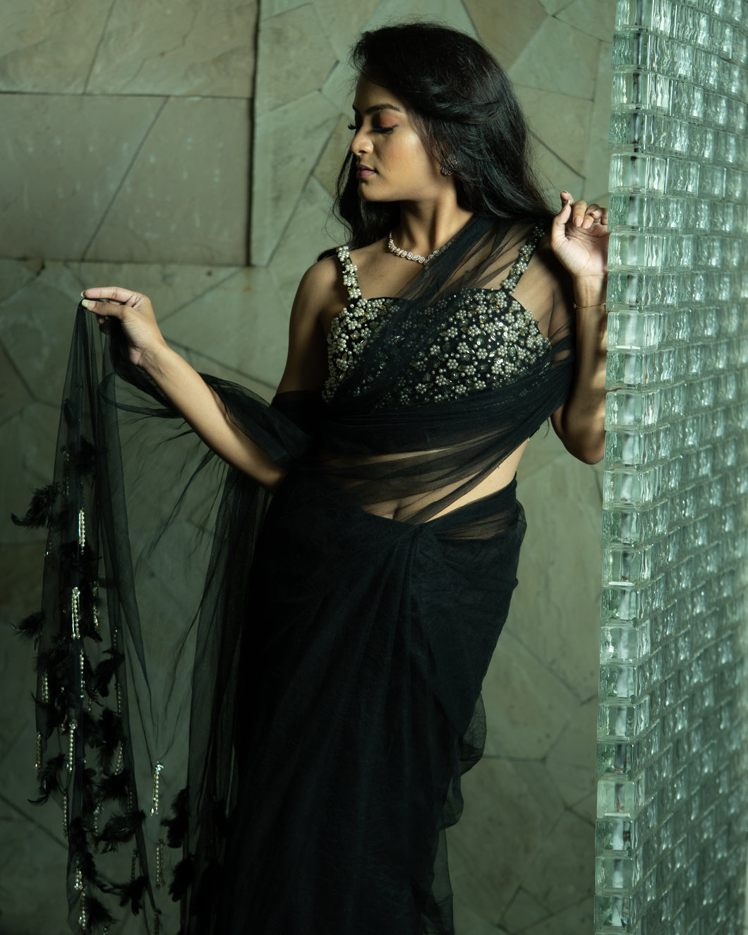 Raven Black Tulle Saree