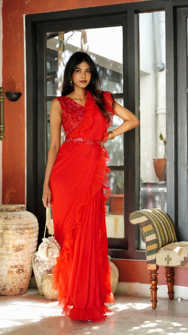Ruby Red Ruffle Saree